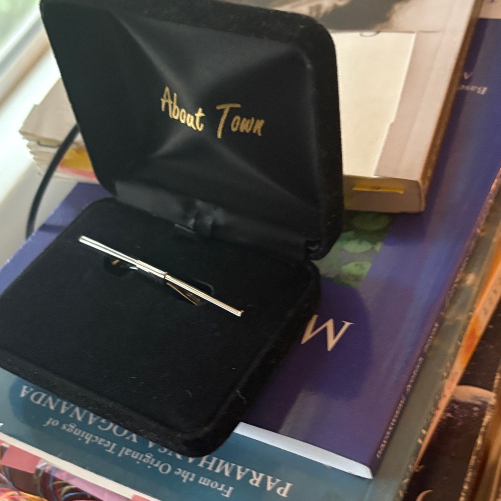 Elegant Silver Tie Clip ! Stayed Tie with black velvet box. Made by ABOUT TOWN.